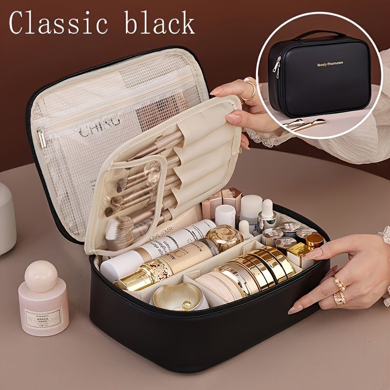 High-capacity multi-layer travel makeup organizer, featuring removable compartments and a brush holder—a portable beauty case, elegantly painted storage box, designed as a standalone unit, no assembly required.(BLACK)