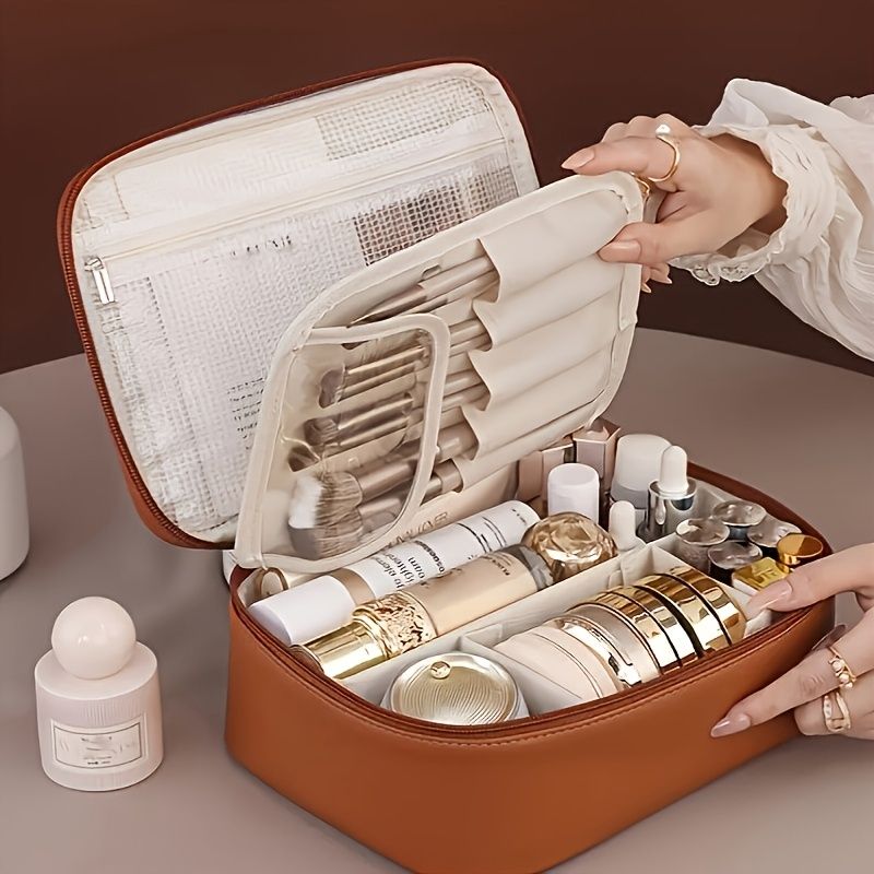 High-capacity multi-layer travel makeup organizer, featuring removable compartments and a brush holder—a portable beauty case, elegantly painted storage box, designed as a standalone unit, no assembly required.(mocha brown)