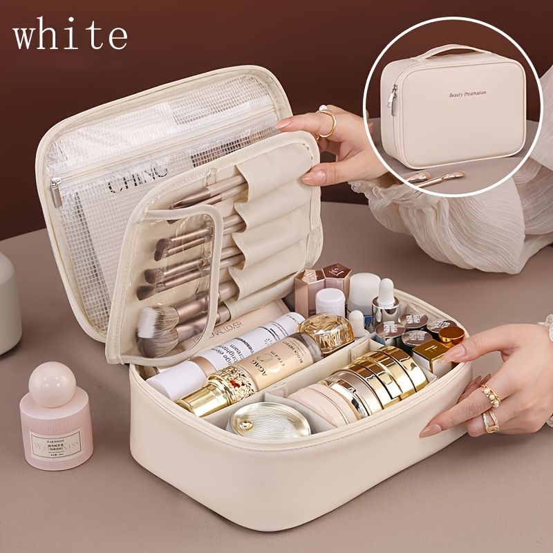 High-capacity multi-layer travel makeup organizer, featuring removable compartments and a brush holder—a portable beauty case, elegantly painted storage box, designed as a standalone unit, no assembly required.(WHITE)