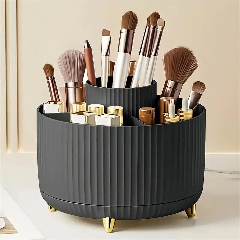 360° Rotating Multi-Compartment Makeup Brush Holder: Luxurious Vertical Texture with Golden Feet Design, Scientifically Organized Storage, One Cylinder to Tidy Your Vanity Table.(Black)