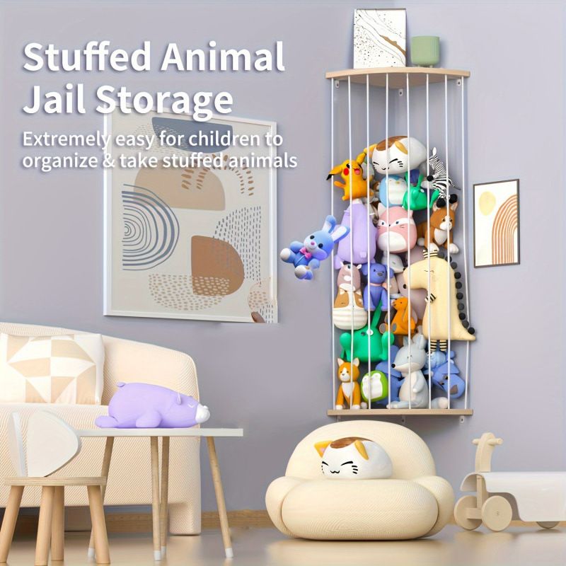 Corner Stuffed Animal Zoo Storage Rack (43-78 Adjustable Height) - Elastic Cord Plush Toy Organizer Holder & Wall Mounted Plushie Jail Rack"