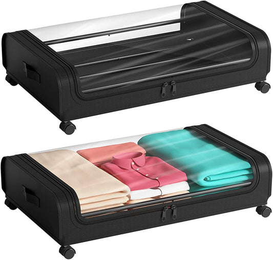 Low-profile rolling under-bed storage container with a clear zippered lid