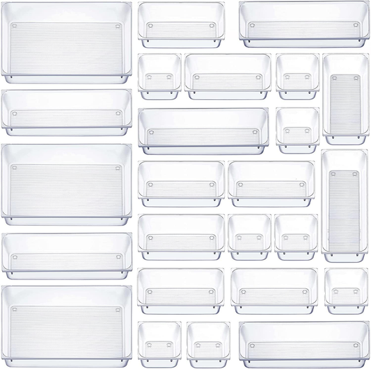 25-Piece Clear Plastic Drawer Organiser Set, 4 Sizes