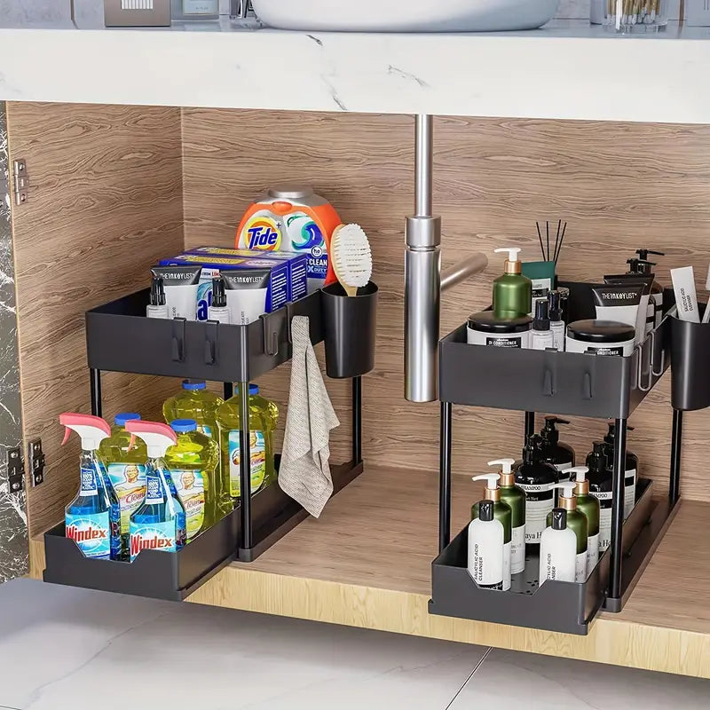 Pull Out Under Sink Storage Rack - Kitchen & Bathroom Organizer
