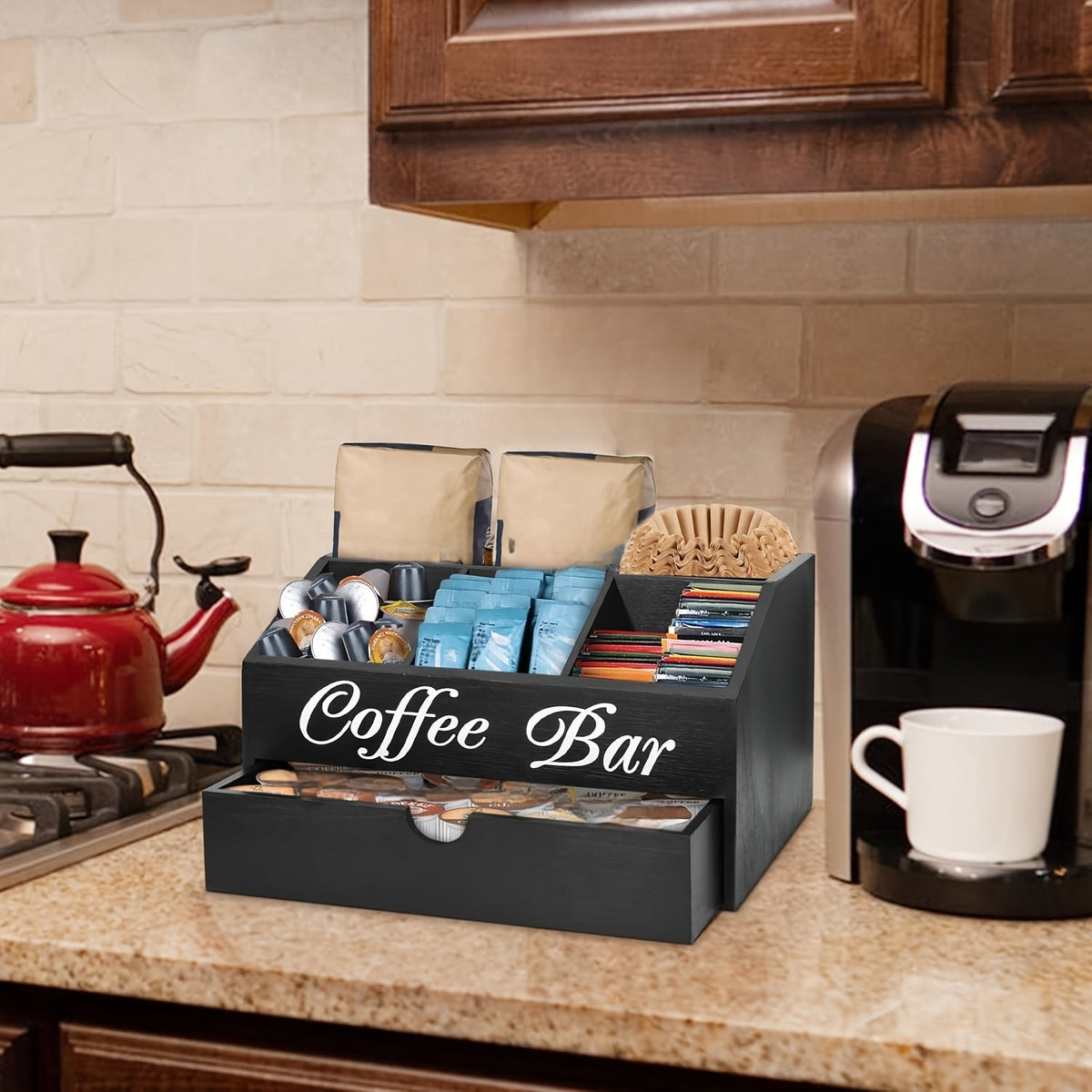 Wood Coffee Station Organizer with Drawer