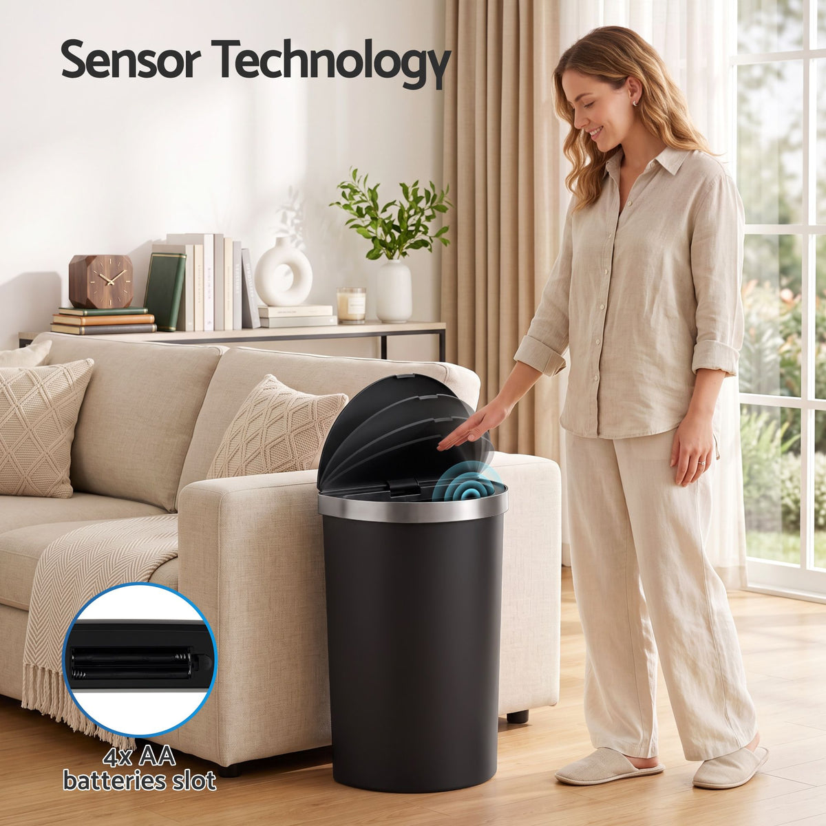 Devanti 50L D-Shape Sensor Bin, Black