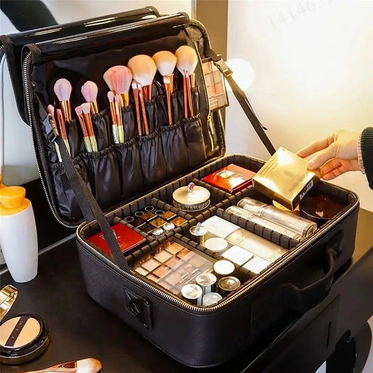 **Large Waterproof Makeup Organizer: Adjustable Dividers, Detachable Brush Holder, Multi-Compartment Design, Portable & Moisture-Resistant, Professional Cosmetic Storage Case**