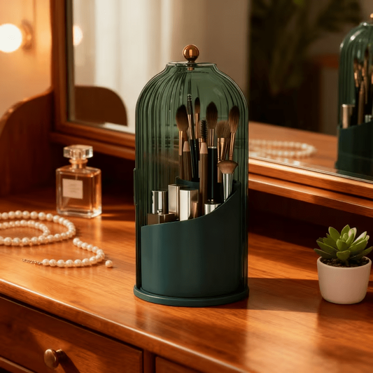 Transparent green rotating makeup brush holder with dust-proof lid