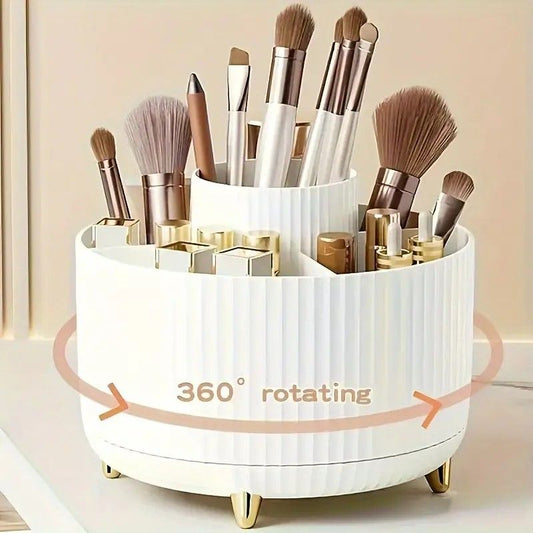 White 360° rotating makeup brush holder with gold feet