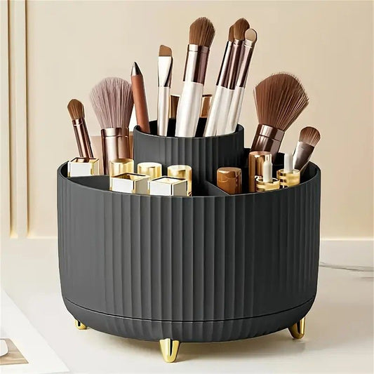 Black 360° rotating makeup brush holder with gold feet