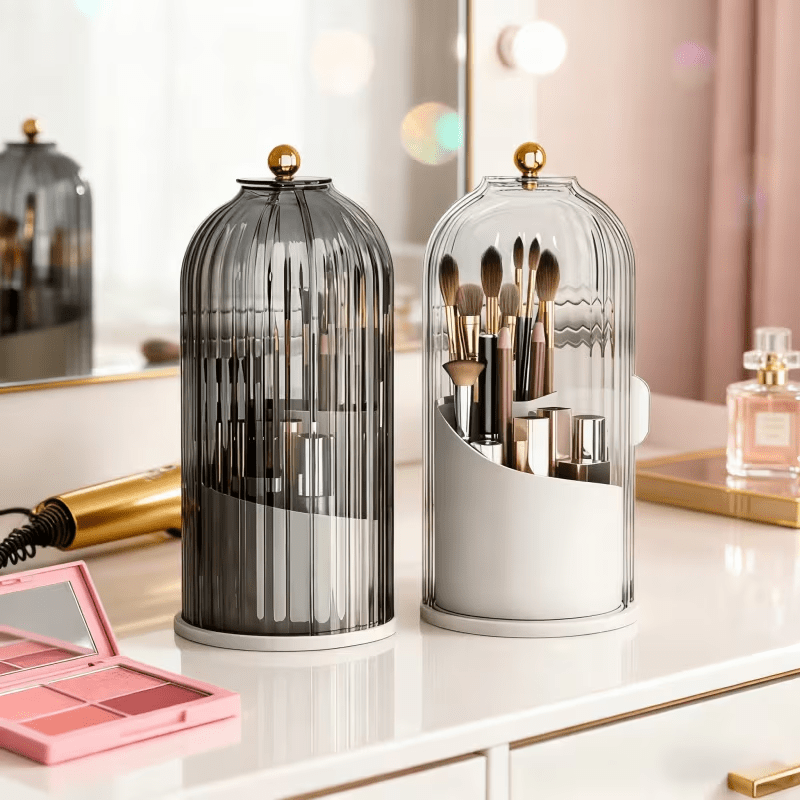 Transparent Rotating Makeup Brush Holder: 360° Rotation for Easy Access, Dust-Proof with Compartments, Neat and Portable(Transparent gray）