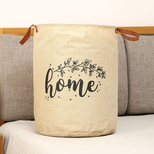Beige cylindrical fabric storage bag with PU handle