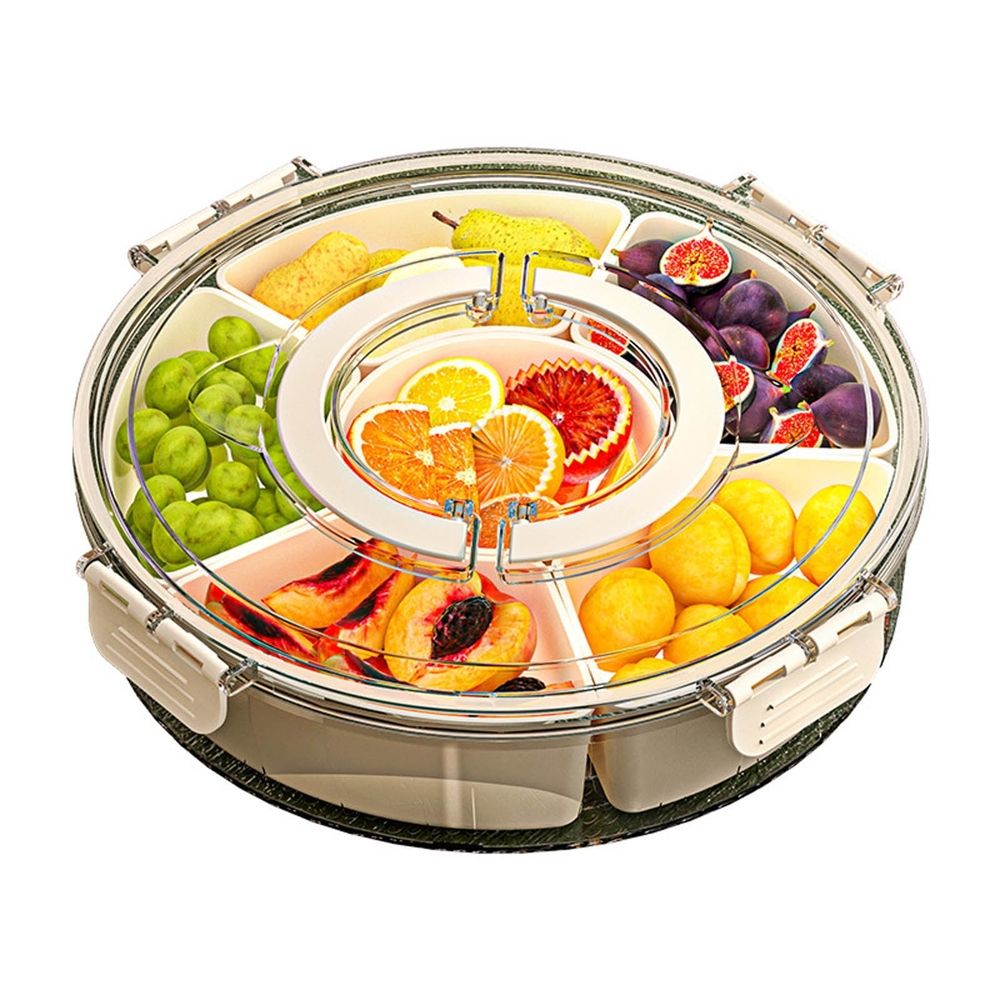 Divided Serving Tray with Lid and Handle,360 Rotatable Sealed Snackle Box,6 Compartment Food-Grade Veggie Fruit Container for Party Picnic Travel,White 11.02x3.15in